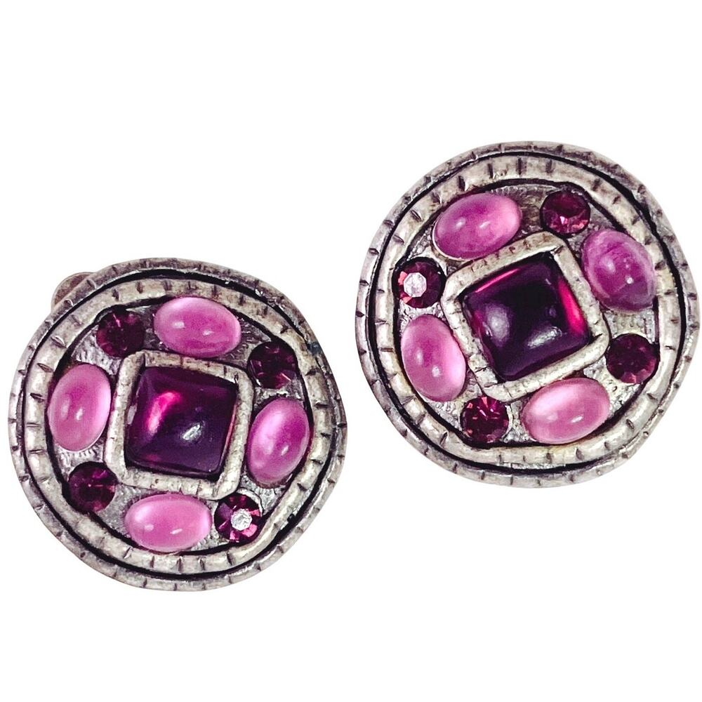 VTG Artisan Earrings Silver Tone Lucite Purple Pink Clip On Vibrant Colorful 80s